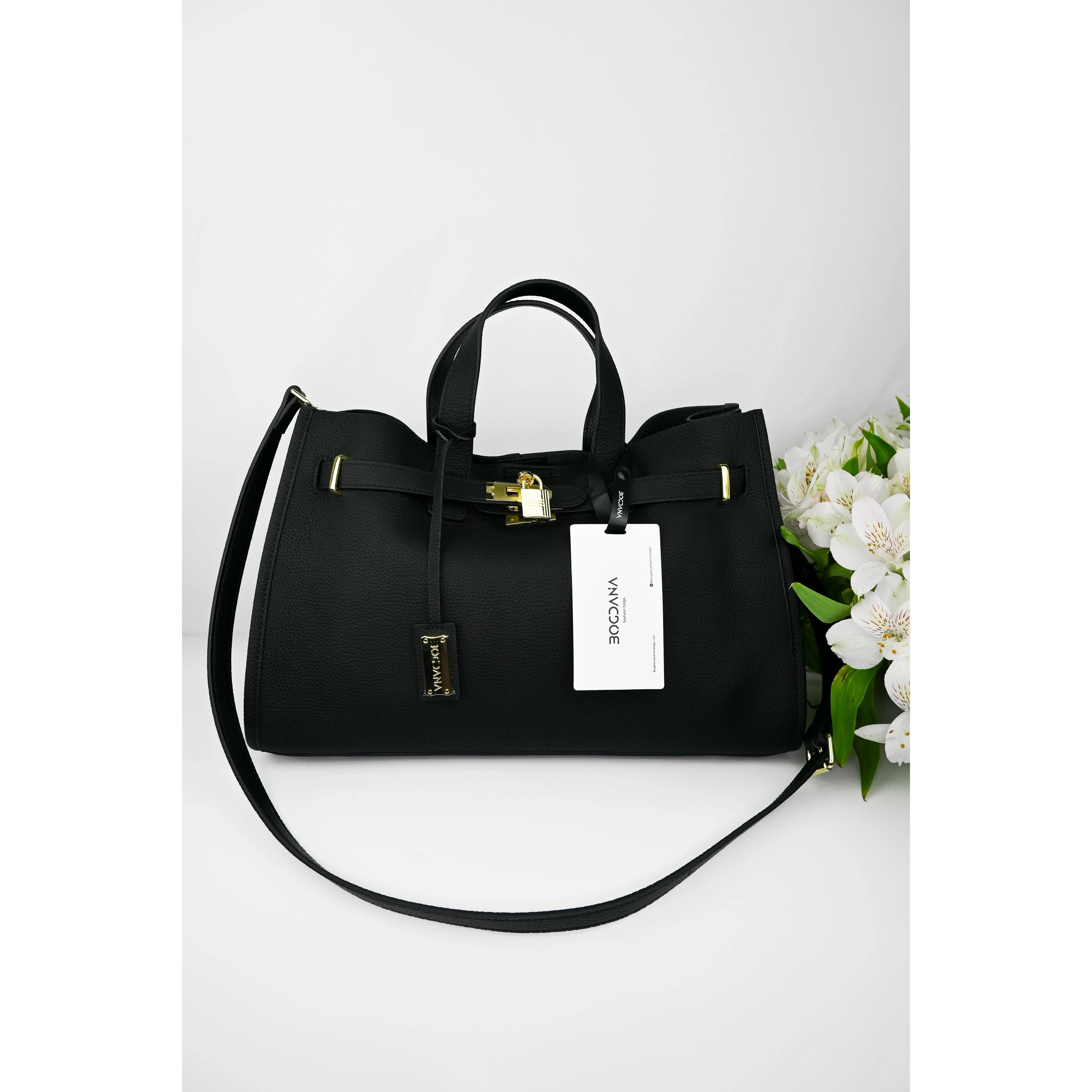 Black with gold hardware.