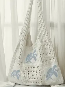 Women's Summer Beach Handbag Tote Bag with Turtle Pattern, Large Capacity Open Top Bag, Polyester Fiber, Boho Fashion, Travel Accessory