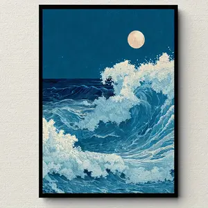 2D Flat, 2D Flat, 1pc, 2D Artwork, Unframed, a Canvas Art Poster - Japanese Ocean Wave Wall Decor, Moonlit Night Sky, Blue Archive Poetry Poster, Suitable for Home Or Office, Modern Style, Wall Hanging, Wall Decor Poster, Tranquil Wall Art