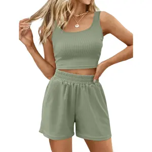 Two Piece Summer Outfits 2 Piece Sets 2026 Sleeveless Matching Lounge Crop Top High Waisted Short