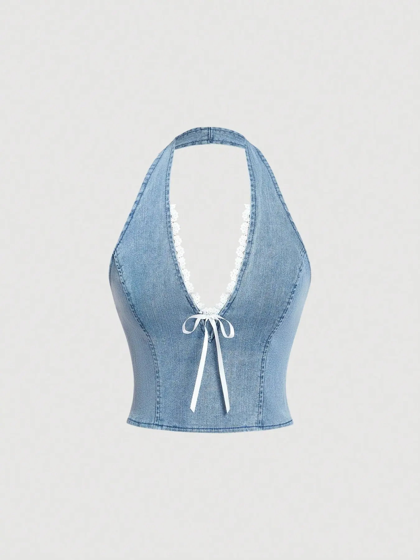 Women's Y2K Light Wash Denim Boho Halter Top, Vintage Lace Trim V Neck Backless Crop Top, Summer Sleeveless Tie Front Camisole for Casual Streetwear, Casual Sleeveless Tops