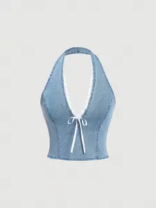 Women's Y2K Light Wash Denim Boho Halter Top, Vintage Lace Trim V Neck Backless Crop Top, Summer Sleeveless Tie Front Camisole for Casual Streetwear