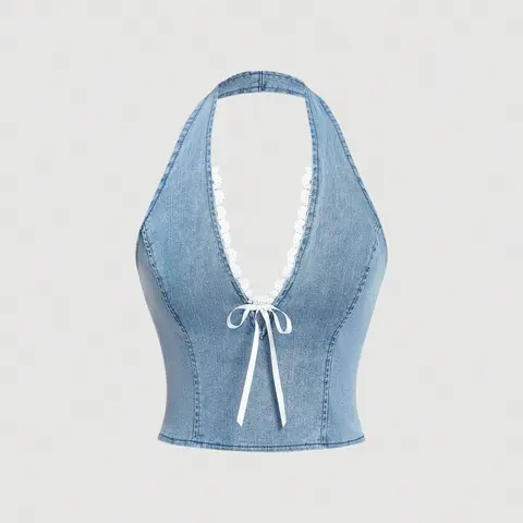 Women's Y2K Light Wash Denim Boho Halter Top, Vintage Lace Trim V Neck Backless Crop Top, Summer Sleeveless Tie Front Camisole for Casual Streetwear, Casual Sleeveless Tops