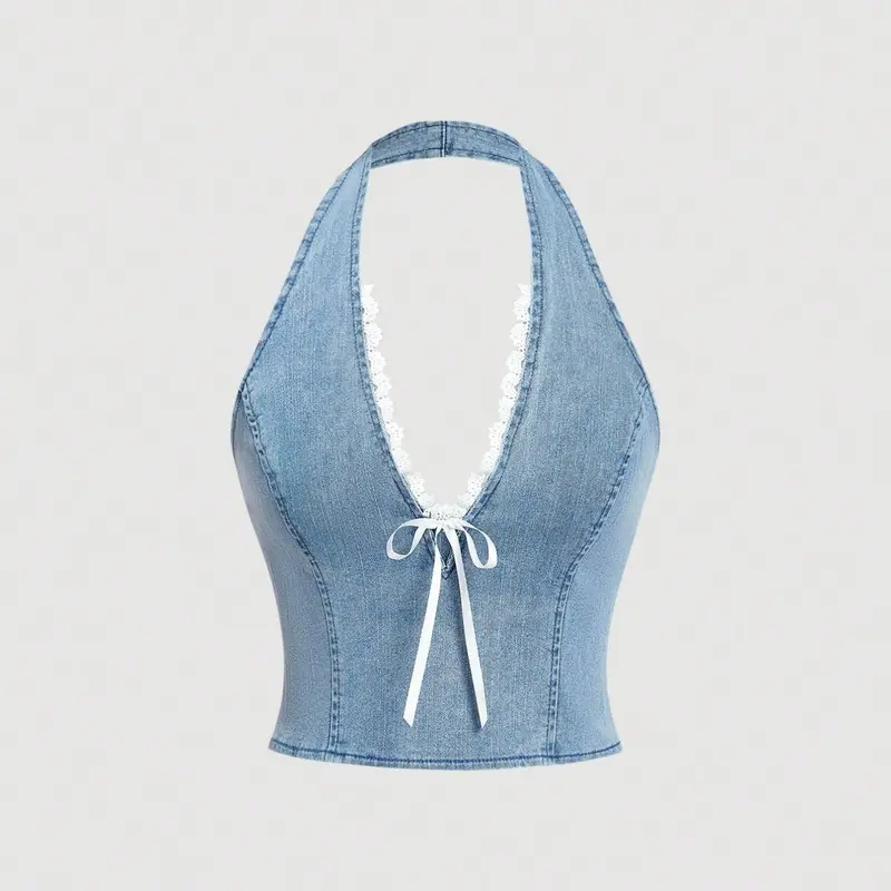 Women's Y2K Light Wash Denim Boho Halter Top, Vintage Lace Trim V Neck Backless Crop Top, Summer Sleeveless Tie Front Camisole for Casual Streetwear, Casual Sleeveless Tops
