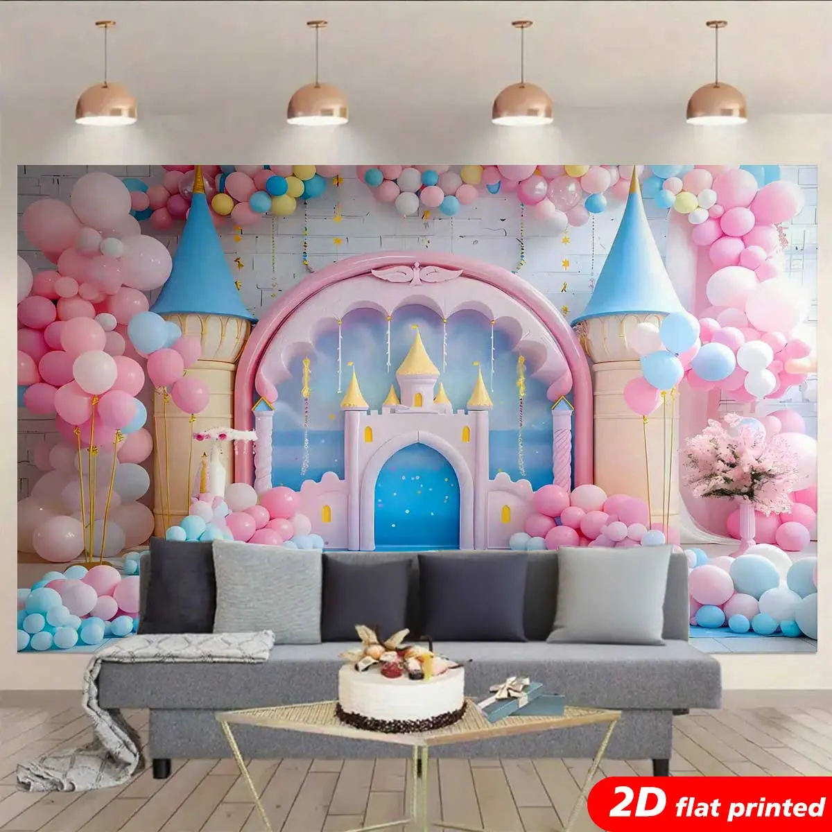 Polyester Princess Castle Fantasy Aesthetic Wall Decor Tapestry - 2D Flat-Printed Pink-Blue Balloon Columns, Blue-Themed Arch Backdrop, Girl Room Photo Accessory, Magic Happy Birthday Baby Shower Gift, Birthday Decor