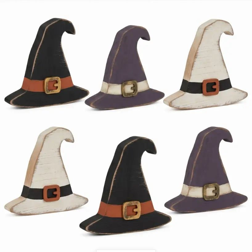Halloween indoor decorations: 6-piece rustic wooden witch hat table centerpiece set; horror farmhouse-style home decor; suitable for room, entryway, kitchen, living room, bookshelf desktop decoration; Halloween party decorations.