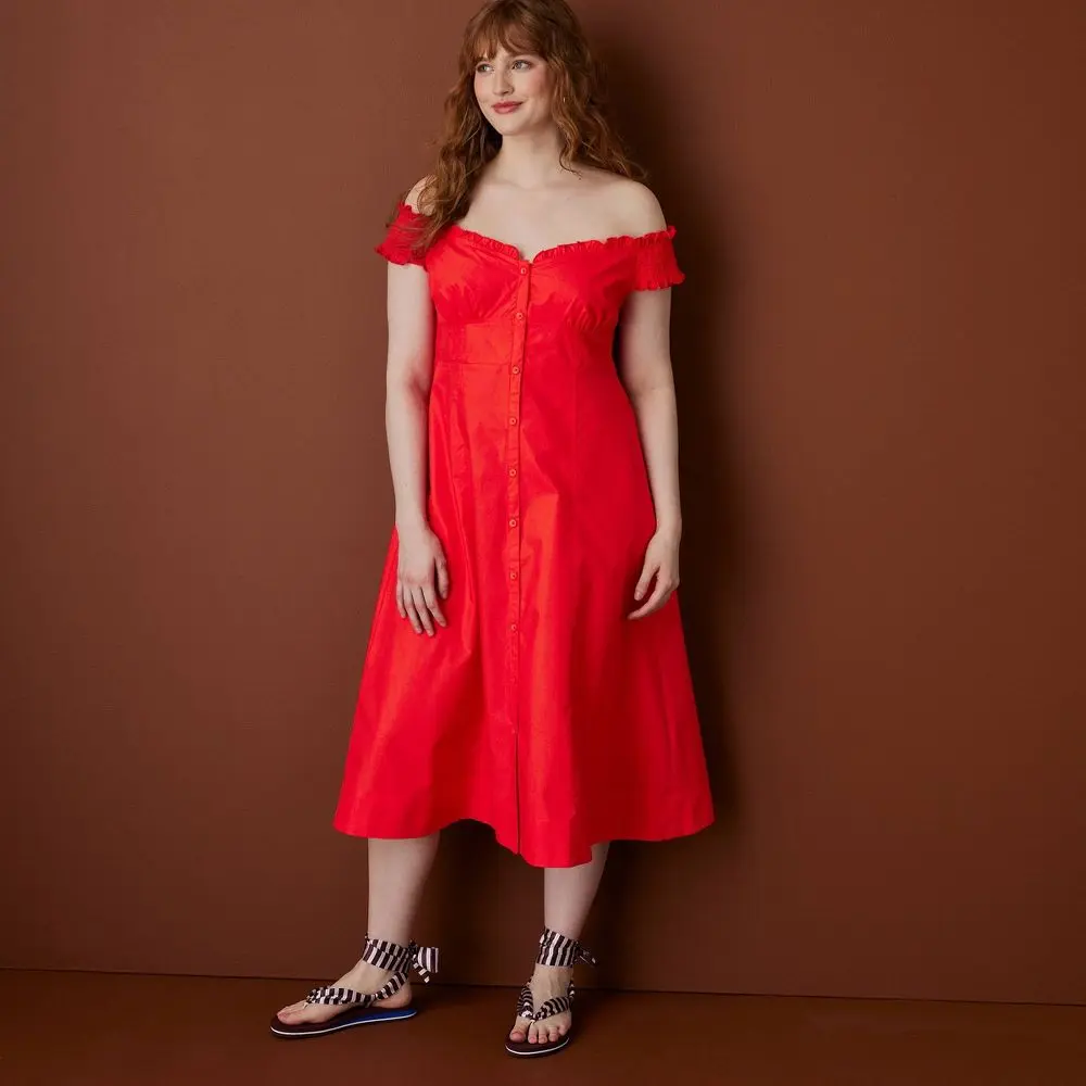 Women's Off the Shoulder Poplin Button-Down Midi Dress - Rosie Assoulin Red S