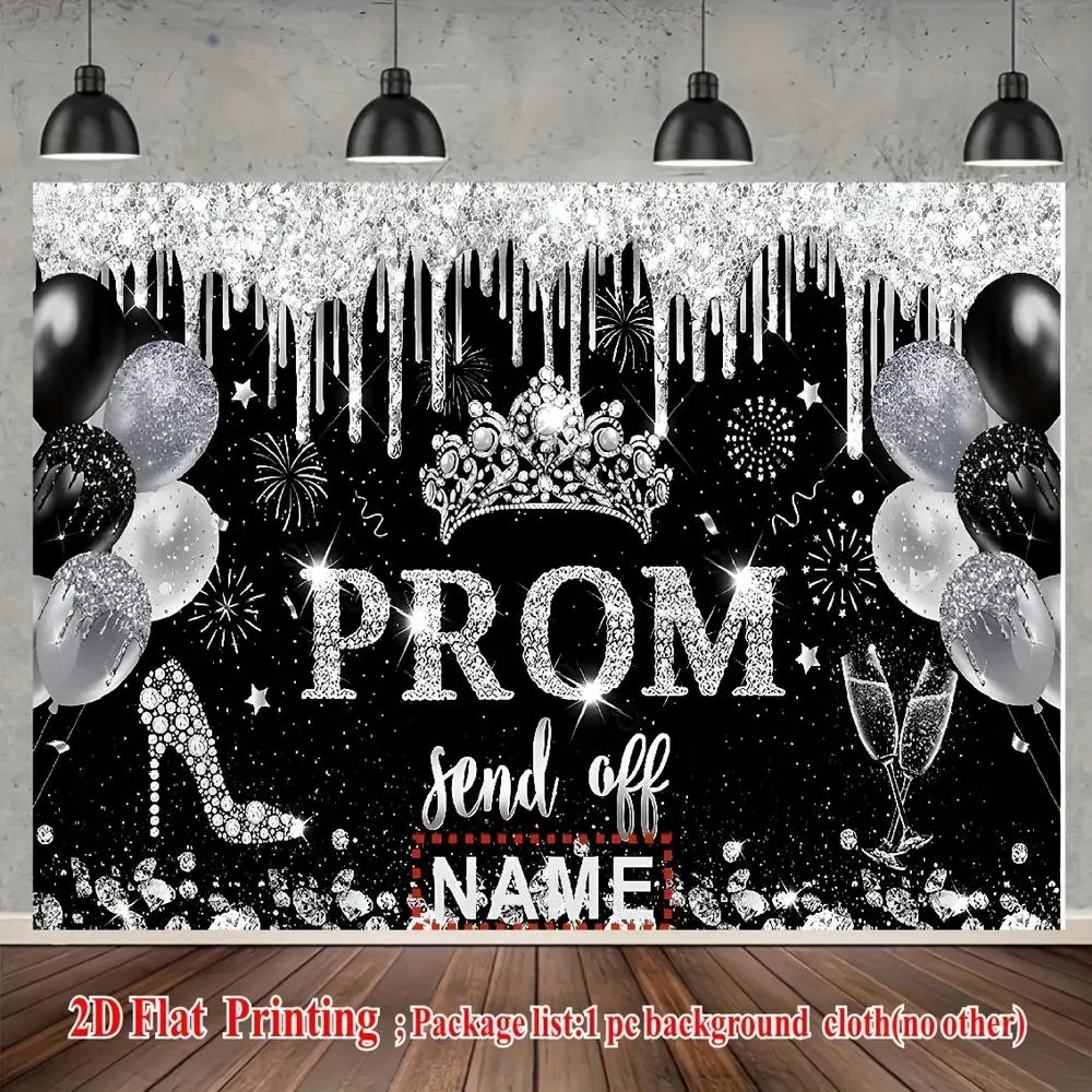 Durable Decorative Design Throw - 2D Flat-Printed Black & Silvery Vinyl Backdrop, Custom Name, Bright "PROM Farewell" Banner, Crowns, High Heels Decor, Wedding-Ready Glam (Textiles & Soft Furnishings, Bedding & Linens, Blankets & Throws)