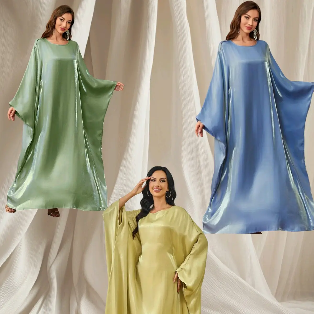 Women's Satin Butterfly Sleeve Shimmering Abaya Kaftan Dress with Sleeveless Design & Shimmering Finish Includes Inner Belt Stylish Outfit