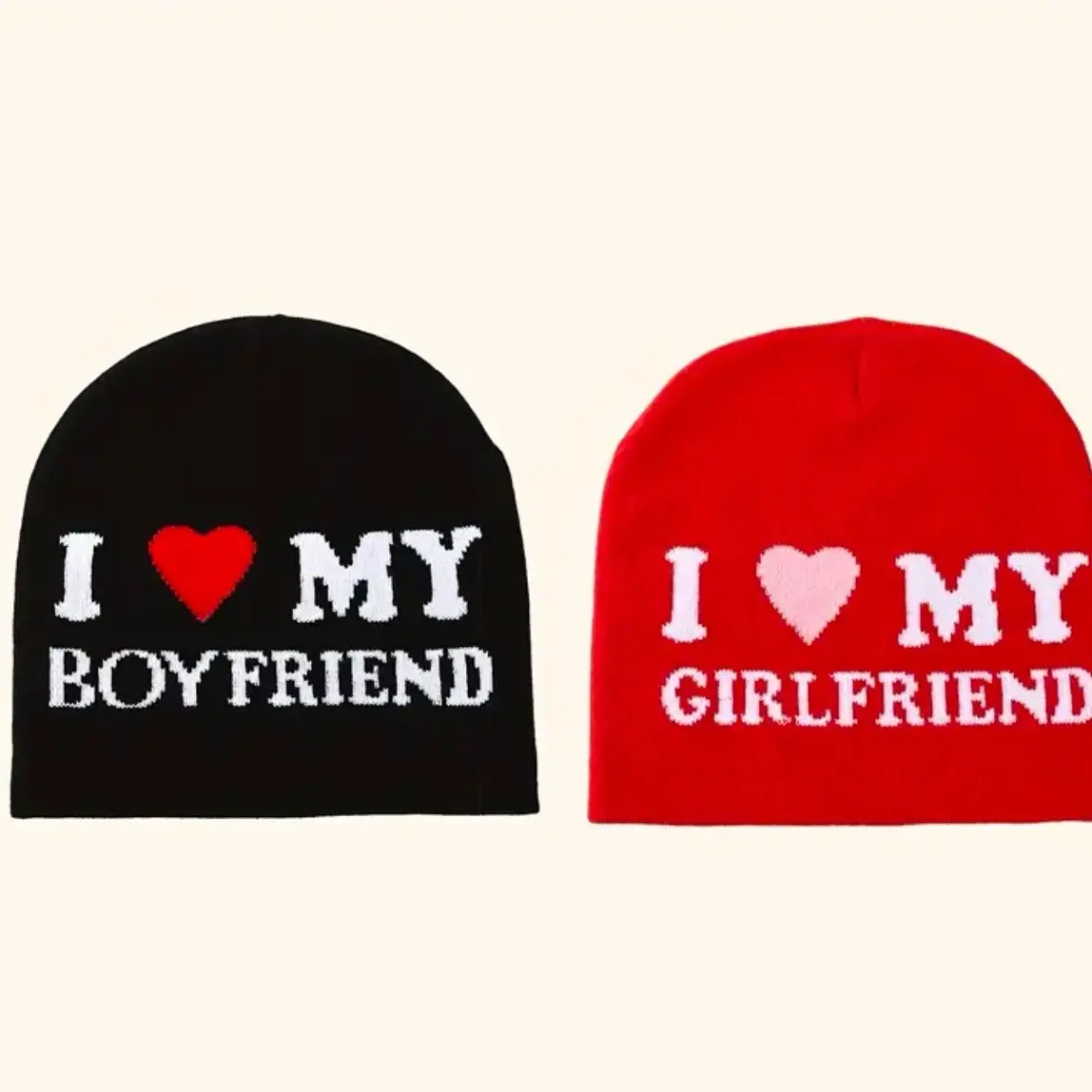 Acrylic Beanie Hats - Elastic Jacquard Knit "I Love My Girlfriend" Hip Hop Caps, No Feathers, Fashionable Winter Beanies