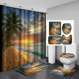 1/3/4PCS Serene tropical beach scene with palm trees and sunset Shower Curtain Set with Rugs, Non Slip Bath Mat, U-Shape Carpet, Toilet Lid Cover, Polyester Fabric Bathtub Curtain Accessories, 12 Hooks, Home Bathroom Festival Decor Shower Essentials