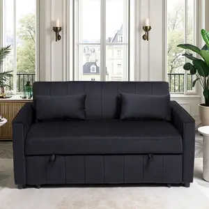 55" Convertible Sleeper Sofa Bed, 3-in-1 Velvet Pull Out Couch with Armrests, Storage Pockets and 2 Pillows, Adjustable Backrest, Futon Sofa Bed Couch for Living Room, Bedroom Variable bed, Black