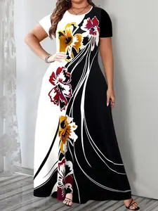 Plus Size Women's Elegant Floral Print Dress - Crew Neck, Short Sleeve, Red & Yellow Flower Design on Black Background, Lightweight Polyester Blend for Spring/Summer, Floral Dress