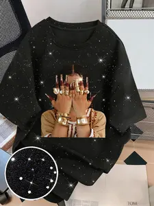 Men Women Summer Short Sleeve T-Shirt, Finger Girl Portrait Print, Silver Color Fabric, Fitted Style, Casual Wear, Outdoor Sports