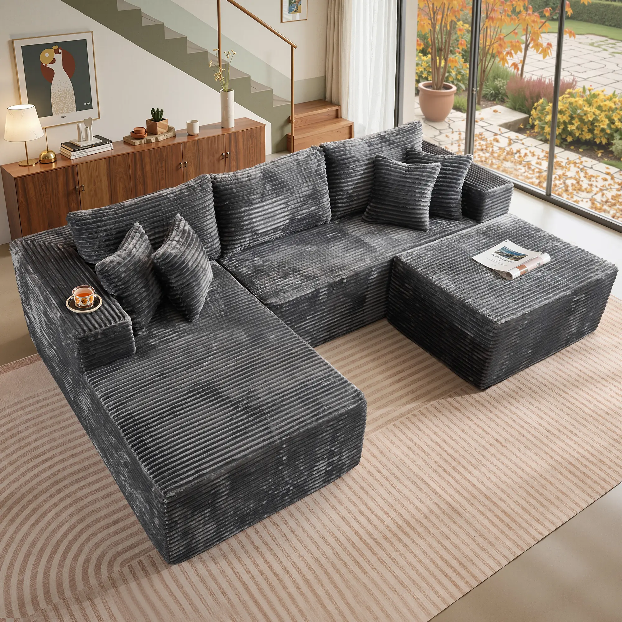 108” Grey L Shape Left Chaise With Ottoman