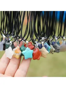 30Pcs Star Natural Crystal Pendant Necklace Set Chakra Synthetic Gemstone Quartz Star Jewelry with Black Adjustable Leather Cord for DIY Crafting Easter Party Birthday Gift 15 pendants+15 chains