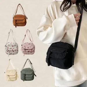 Women's Cute Strawberry Pattern & Solid Color Corduroy Shoulder Bag Small Zippered Crossbody Purse with Adjustable Strap for Daily Casual Wear