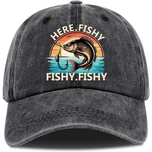 Here Fishy Fishy,Funny Baseball Cap,Fishing Baseball Cap,Gifts for Fishing Lover,Funny Vintage Cotton Washed Baseball Caps,One Size Black