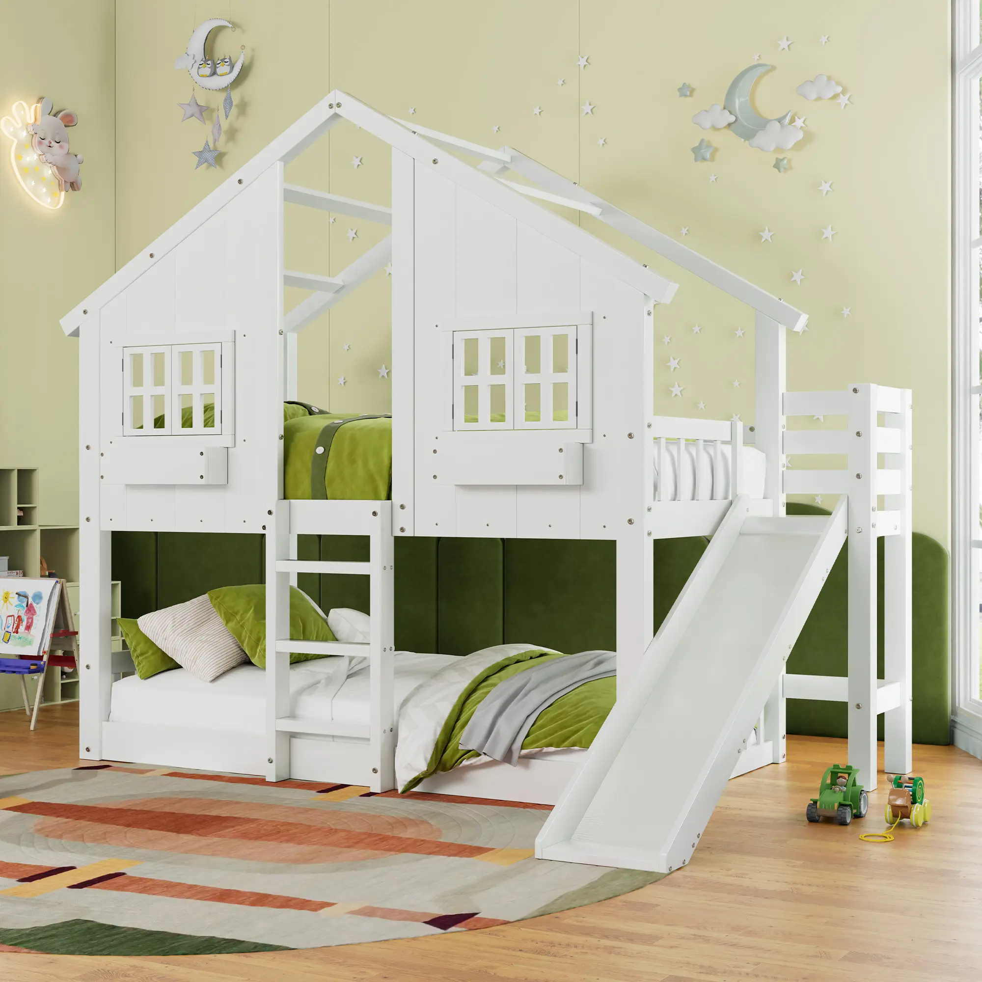 Amerlife Twin Over Twin Playhouse Bunk Bed with Solid Pine Frame, Easy-Climb Ladder, Slide, 14" Safety Guardrails, Window Box Storage Shelf, Versatile Underbed Space for Mattress or Play