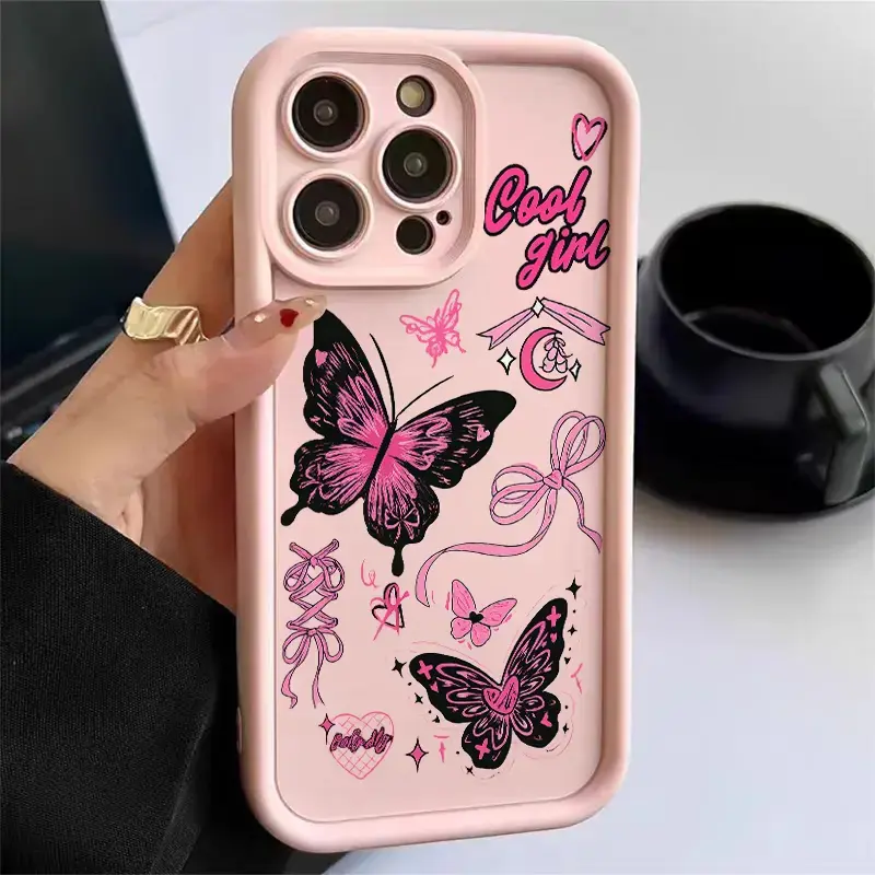 Pink Black Butterfly Bow Y2K Silver Shimmer Soft TPU Phone Case Shockproof Anti Drop Protective Cover For 13 14 15 16 17 Pro Max Series