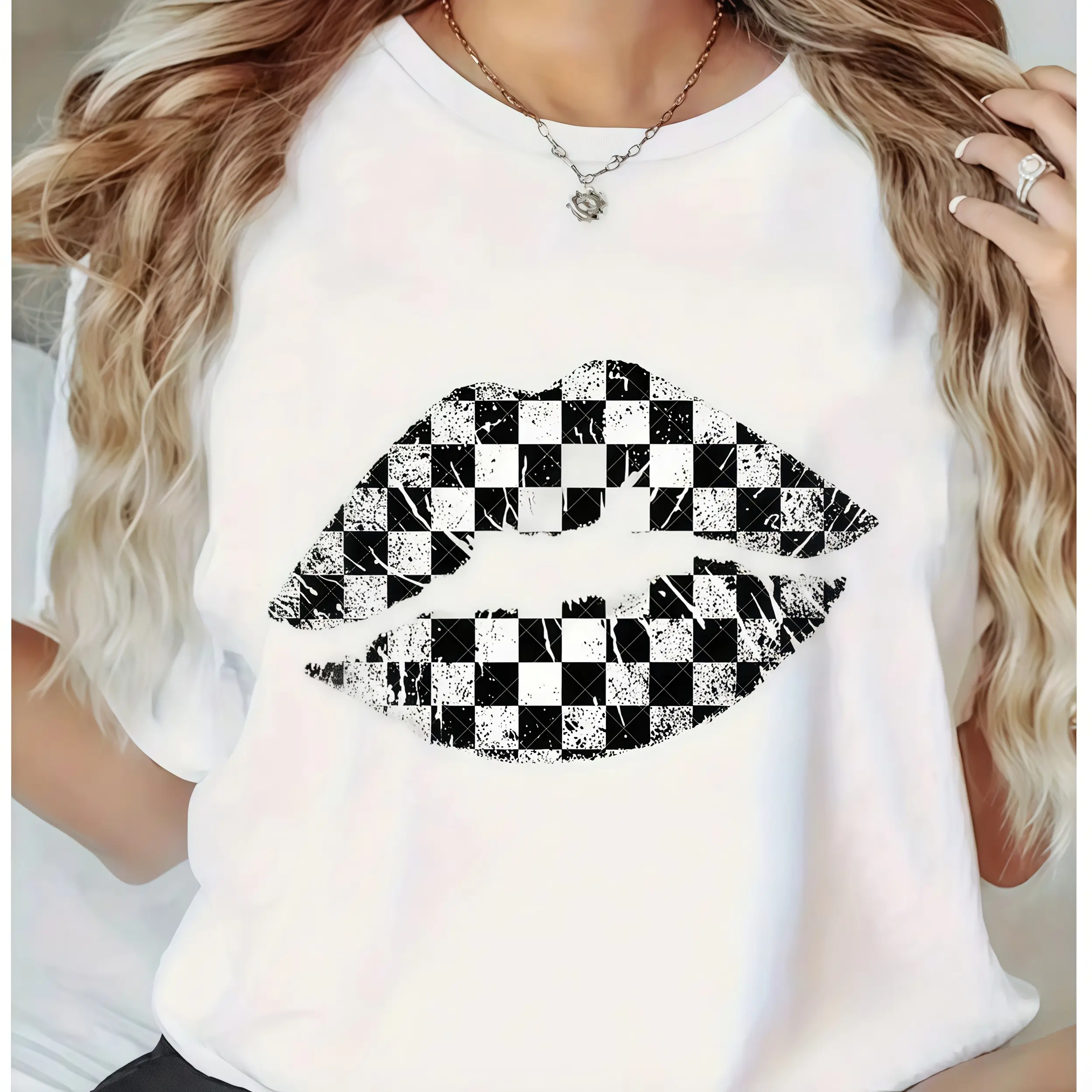 Women's Street Style Graphic T-Shirt with a High-Definition Lip Print, Casual Short-Sleeve Crew Neck Top, High-Definition Printed, Cotton, Round Neck, Check, Shortsleeve, Tshirt, Lady, Soft, Relaxed Fit, Street Chic, Digital Print