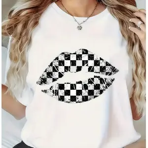 Womens Cotton Short Sleeve Graphic Tee Black And White Checkered Lips Print Casual Summer Top Crew Neck Soft Breathable Streetwear Outfit