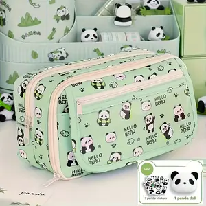 Graduation Gift Panda Cartoon Pencil Case Set, Writing Stationery, Includes Pen Bag, Doll, 5 Stickers, High Value Large Capacity, Polyester Material