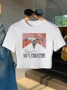 Women's 2026 "Raised On 90's Country" Bull Skull Graphic Crop Top – Trendy Y2K Vintage Western Cowgirl Tee | Viral TikTok Nashville Fashion for Streetwear & Casual Outfits，Cute Outfits for Concert, Festival, Country Vibes & Going Out