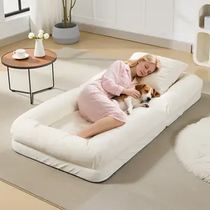 5-Position Convertible Human Dog Bed Sofa, Chenille Lazy Floor Lounge Recliner with 2 Pillows and Sturdy Metal Frame, Multi-Functional Accent Chair for Living Room Bedroom