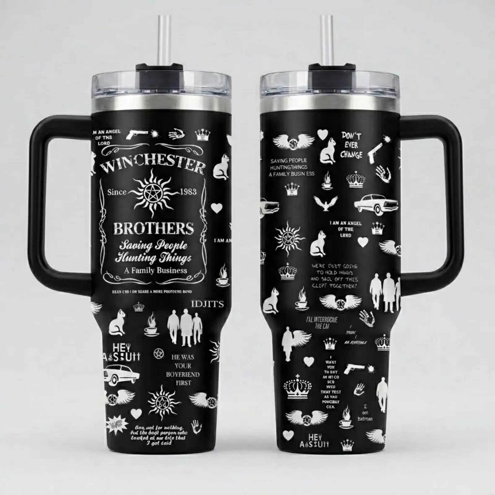 Supernatural Halloween 40oz Tumbler with Handle and Straw, Winchester Brothers Inspired Insulated Travel Cup, Anti Possession Symbol Stainless Steel Mug, Spooky Monster Hunter Gift for Women Men, TV Fan Collector Drinkware, Road Trip Cup, Horror Gift Mug.