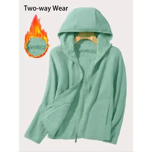 Women's Fleece Lined Hooded Jacket, Loose Fit Two-Sided Wear Reversible Casual Warm Coat, Ideal for Home Outdoor Hiking Activities, Womenswear