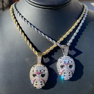 Iced Bling Out Mask Man Pendant and Rope Chain silver rhinestones