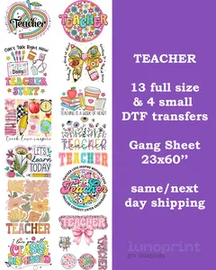 Teacher DTF Transfers Gang Sheet 23x60'' Ready To Press Heat Transfer Full Color Vibrant Designs Glitter Effects DTF Prints For Teachers