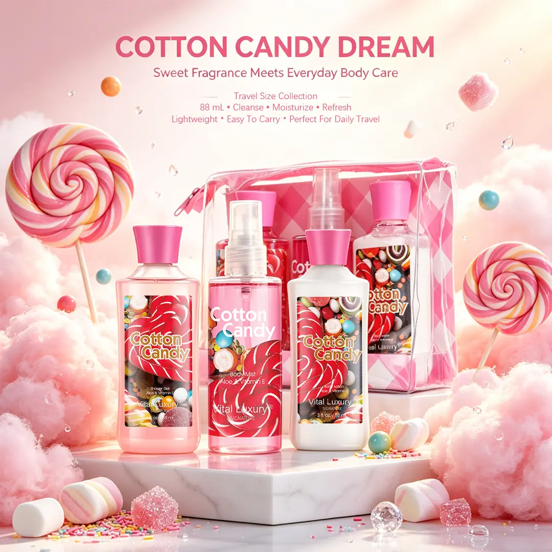 Vital Luxury Cotton Candy 3-Piece Travel Body Care Set - 3oz Lightweight Waterproof Shower Gel, Moisturizer, Fragrance Mist with Aroma, Gift Ready for Travel & Holiday Gifting, Cherry, Kit, Cotton Candy 3-Piece Set