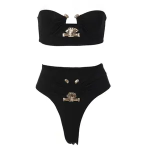 Women Classic O Ring Bandeau Bikini Set, Strapless Swimsuit Tie Bikini High Cut 2 Pieces Swimsuit Ribbed Bandeau Bikini Set