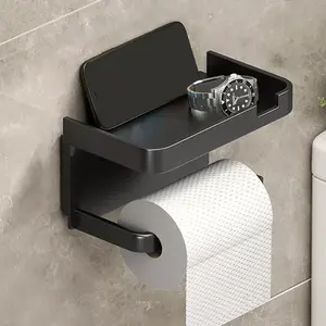Wall-Mounted Toilet Paper Holder with Phone Shelf – No-Drill, Space-Saving Storage