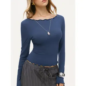 Cider Boat Neck Lettuce Trim Long Sleeve Tee