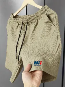 Men's Quick-Dry Textured Casual Shorts, Blue Nii Print, Summer Beach Pants, Fitted Plain Color, New Arrival