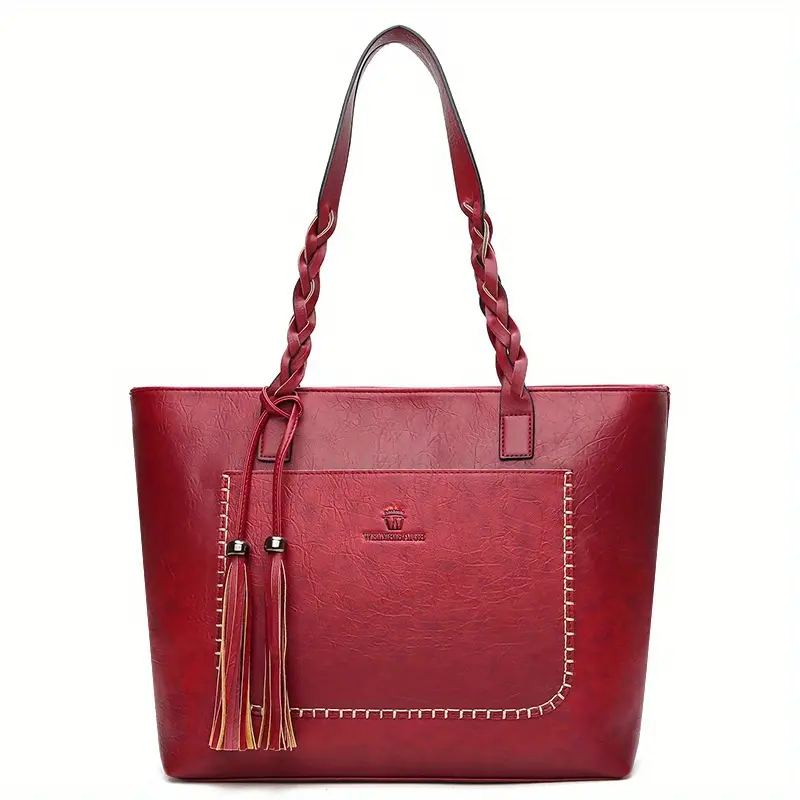 Women's PU-Leather Minimalist Casual Shoulder Tote, Red Daily Commuter Everyday Bag with Tassel Decoration, Large Capacity, Zipper Closure, Fixed Strap, 43x30x12cm, Daily Commuter Bag