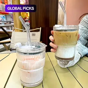 Glass Cup with Straw & Lid, 2/4 Counts Reusable Clear Glass Tumbler Cup Set, Washable Portable Convenience Straw Drinking Cup for Home Kitchen & Office Use, Summer Gift for Friend, Traveling Gadgets, Summer Cool Bottle Mug, Drinkware #GLOBAL PICKS