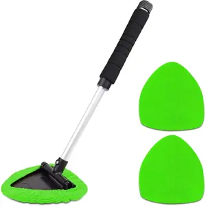 Window Cleaning Tool, Windshield Wiper Cleaner with Extendable Long-Reach Handle, 3 Washable  Microfiber Bonnets,  & Home Inside Interior Exterior Use - Lint Free (Green)
