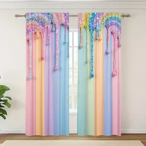 2-Piece Rainbow Eyelash Curtains with Colorful Cartoon Eye Design, Pocket Rod Style, Polyester Material, Perfect for Bedroom, Office, Kitchen Decor, Window Curtain