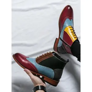 Men's Fashionable Colorblock Patchwork Design Lace Up Boots, Casual Comfortable Pointed Toe Boots for Daily Wear, Fashion Shoes for Party, Daily Clothing Decor