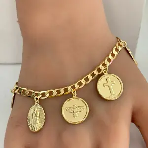 Virgencita 14k Gold Plated Bracelet 7” with Pendant, Cross, and Holly Spirit Charm