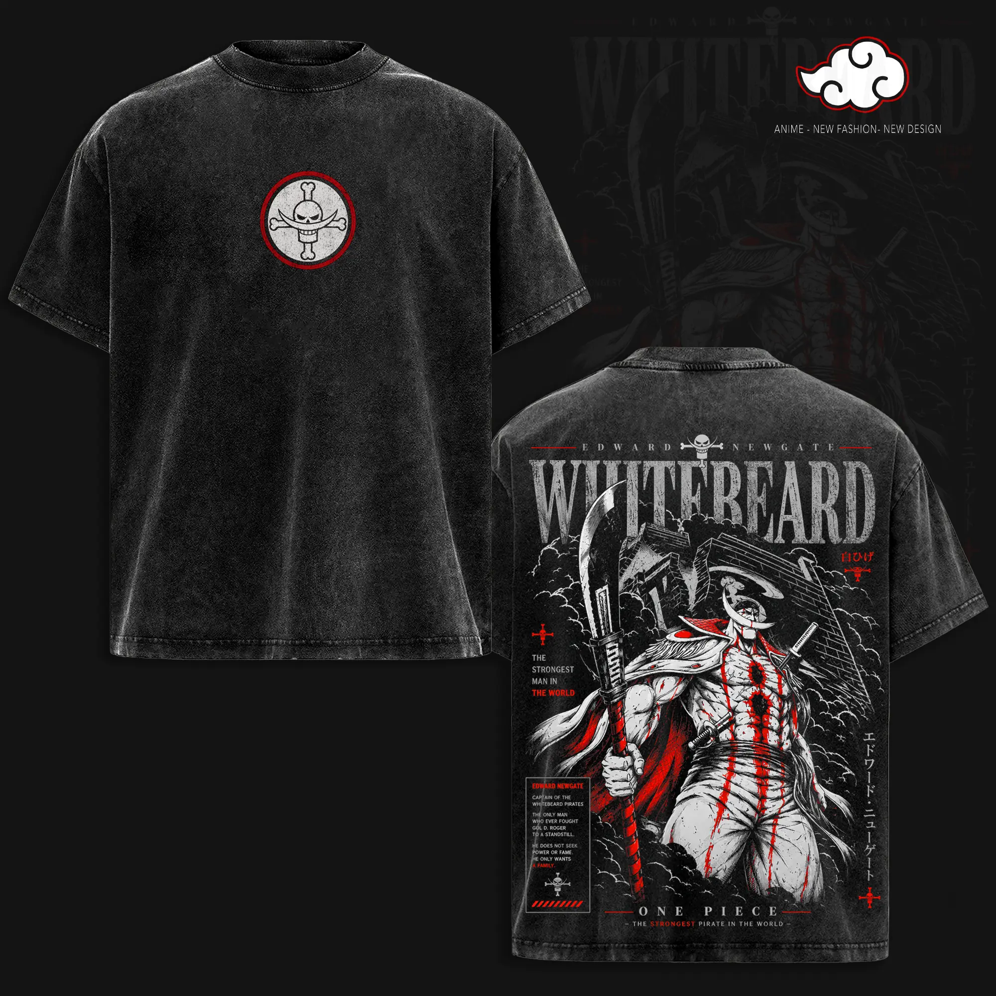 ''Whitebeard'' Vintage Washed Anime Graphic Tee Streetwear T-Shirt Anime Fan Heavy Cotton Unisex Apparel Retro One Pieceee Graphic Tee Gift for Manga Lovers