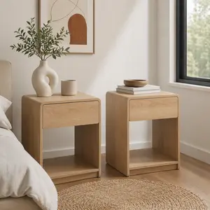 Mid-century modern bedside table set, 2 pieces, with storage drawers and open shelves, bedroom side table with rounded corners, compact bedside table set, oak color