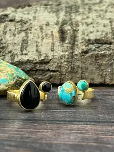 “The Golden Collection” Natural Kingman Turquoise, Black Onyx Adjustable Tear Dot Ring