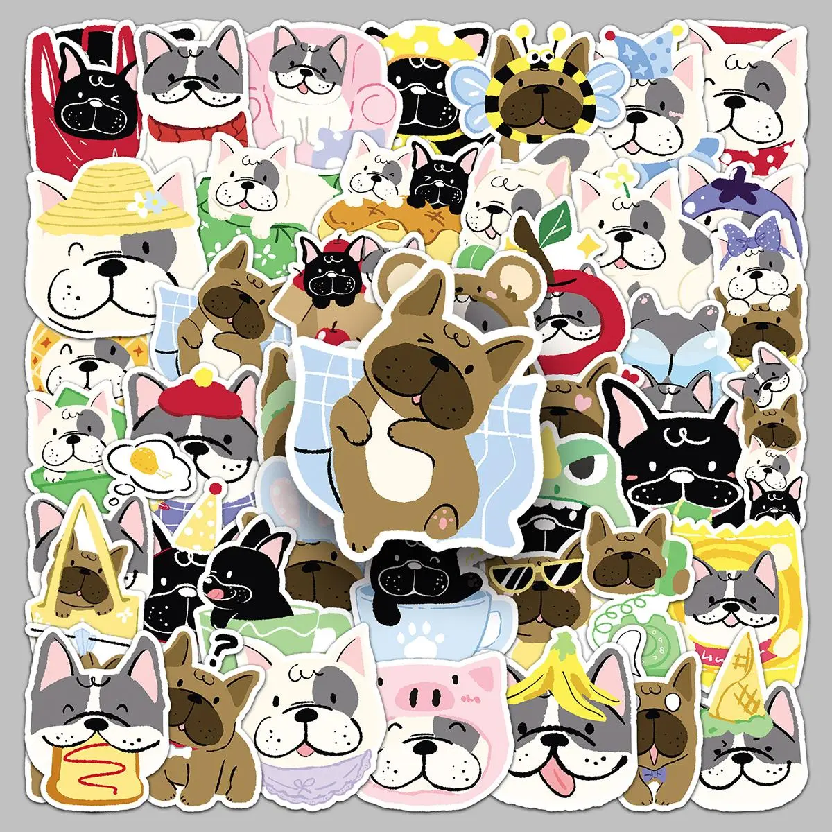 Cute French Bulldog Pattern Sticker, 50pcs/set Waterproof Self Adhesive Decor Paper, Decor Sticker for Gift Greeting Card & Water Bottle & Laptop