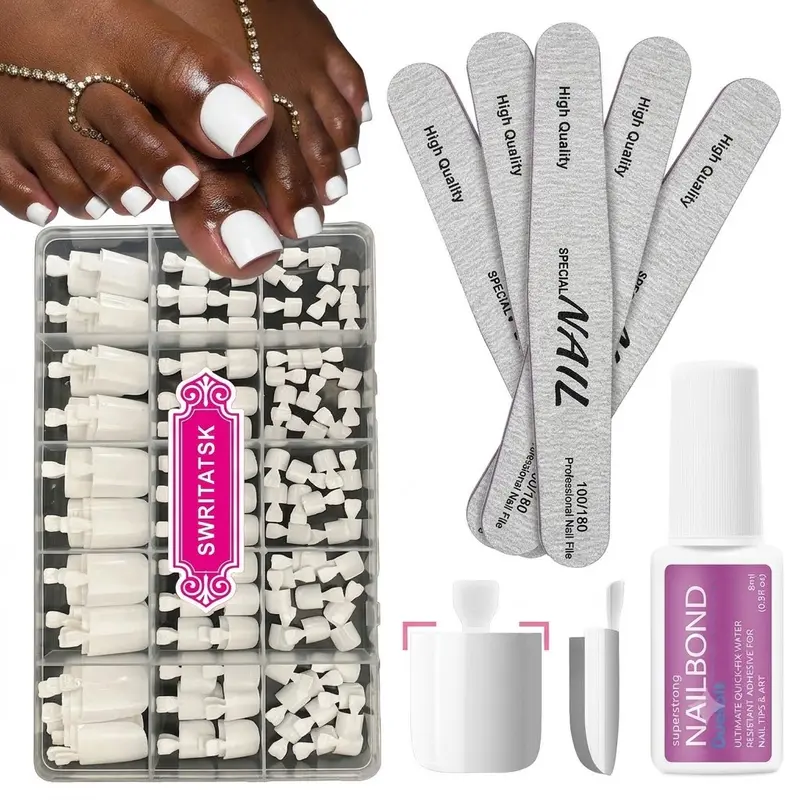 Milky White Toe Nail Set, White Press On Toenails for Women | White Toe Press On Nails Tips for Girl, 150pcs Fake Toenails Square Toe Nail Tips False Toenails Artificial for DIY 15 Sizes