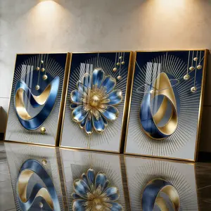 3Pcs Aluminum Alloy Framed Painting, Abstract Blue And Gold Geometric Flower Art Picture, Home Decoration For Living Room, Bedroom, OfficeWall Decor, Odorless Print Artwork, Luxury Perfect Gift For Friends And Family